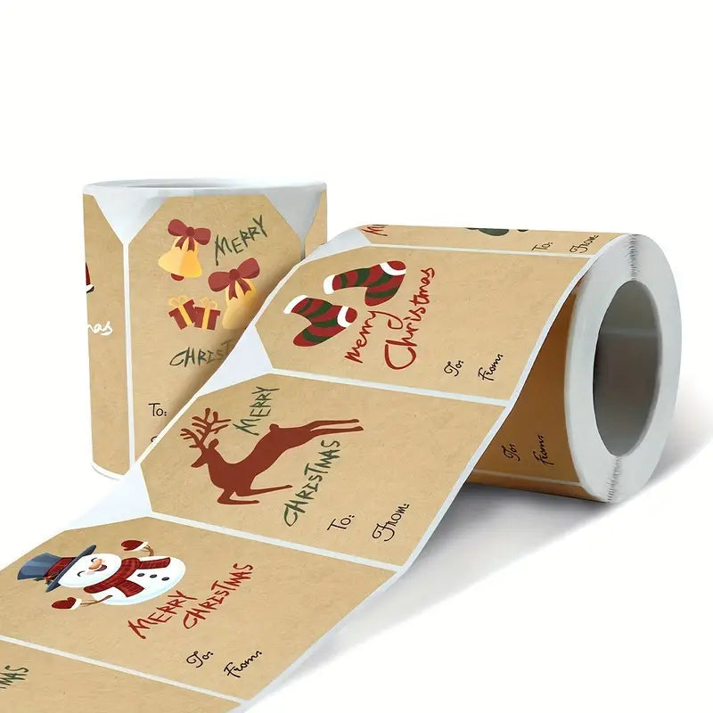 250 Pieces/Roll Christmas Stickers - 2x3 Kraft Paper Tree Socks Snowman Elk Merry Christmas Outlet Clearance