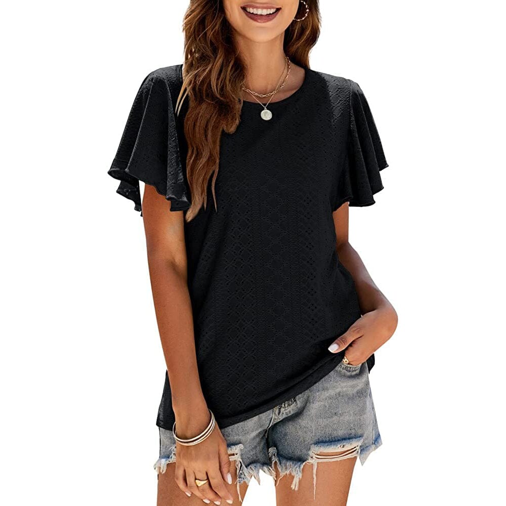 Womens Casual T-Shirts Summer Crew Neck Ruffle Sleeve Tees Tunic Tops Free Shipping Low Pice Fee Shipping