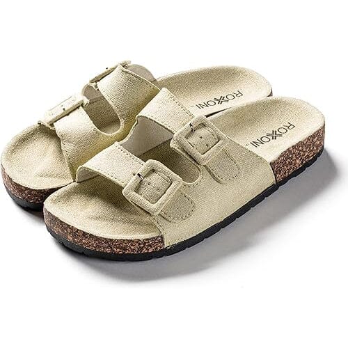 Roxoni Women Comfort Sandals Double Buckle Adjustable EVA Flat Slides Footbed Suede with Arch Support Non-Slip Real Cheap Online