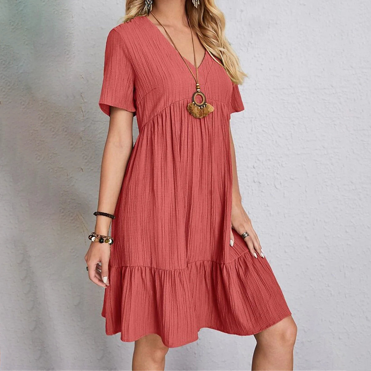 Women's Casual Dress Ruffle V Neck Midi Shift Dress Recommend Online