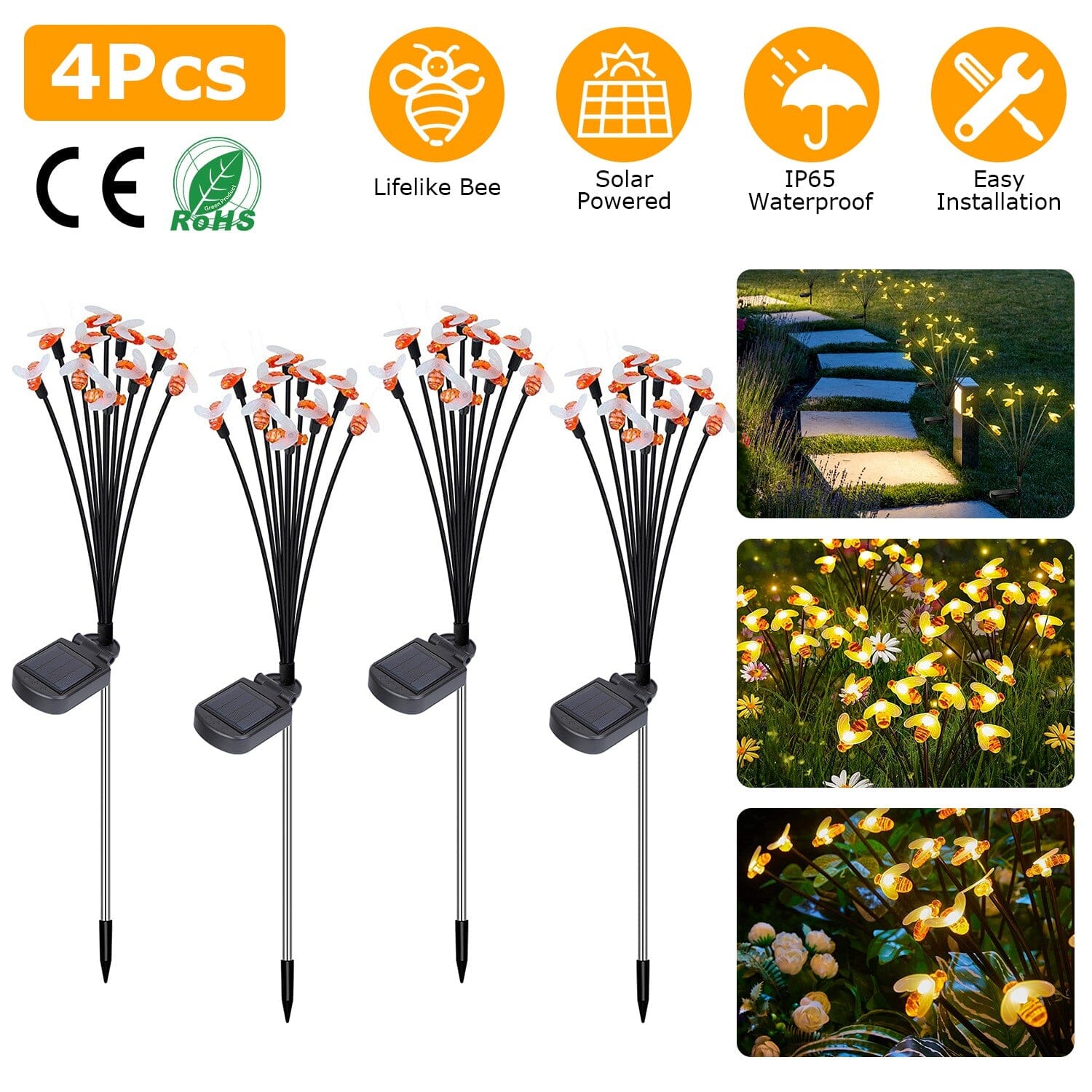 4-Pack: Solar Powered Stake Bee Light 2 Lighting Mode Lifelike Firefly Genuine For Sale