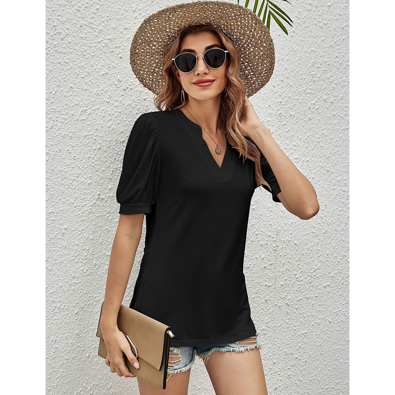 Romanstii Women Casual V-neck T-Shirts Loose Puff Short Free Shipping Cheap Online