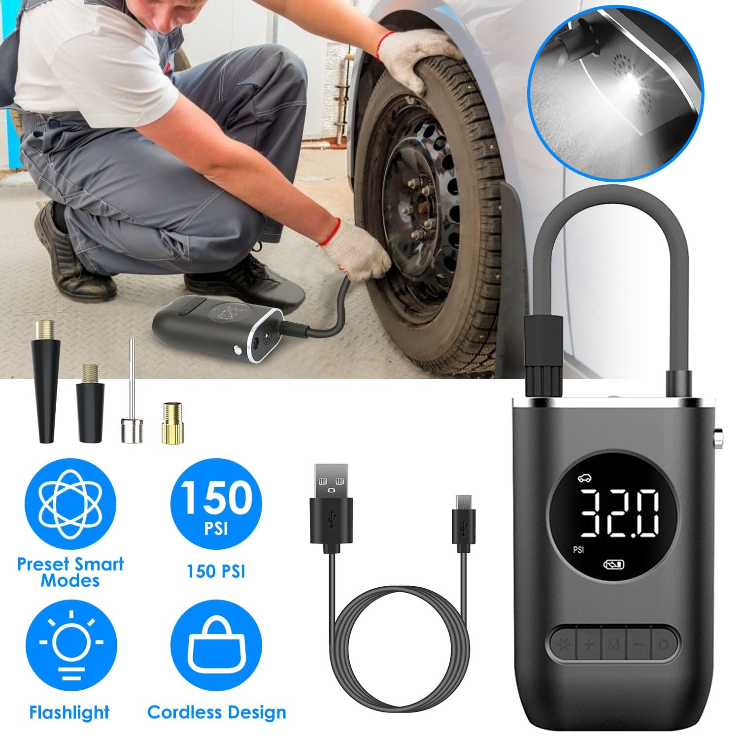 Car Tire Inflator Pump Portable 150 PSI with LED Light Supply Online