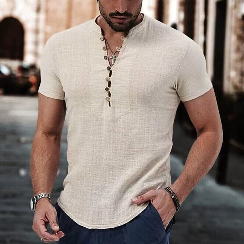 Men's Popover Shirt Short Sleeve Plain V Neck Pictures Online