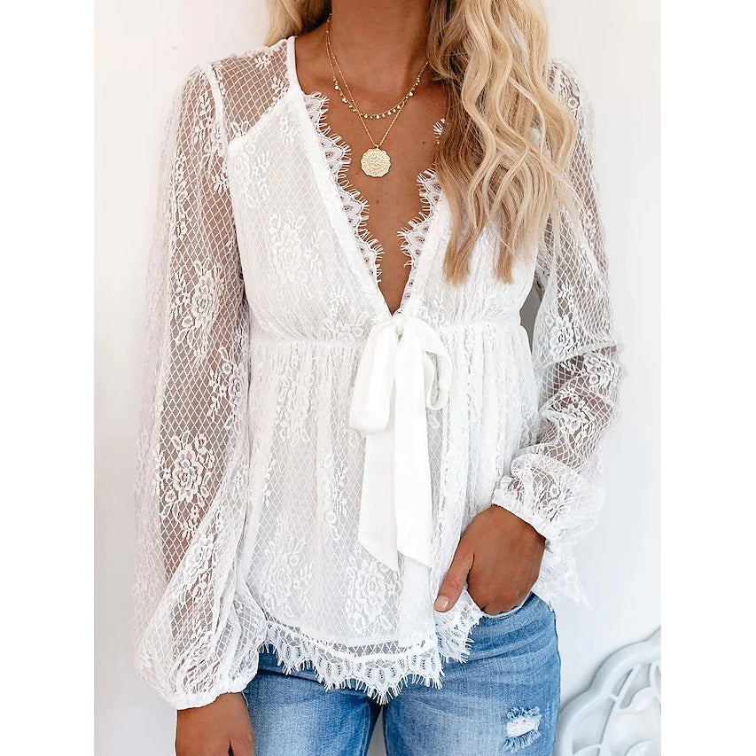 Women's Tunic Blouse Eyelet Top V Neck Tops For Cheap