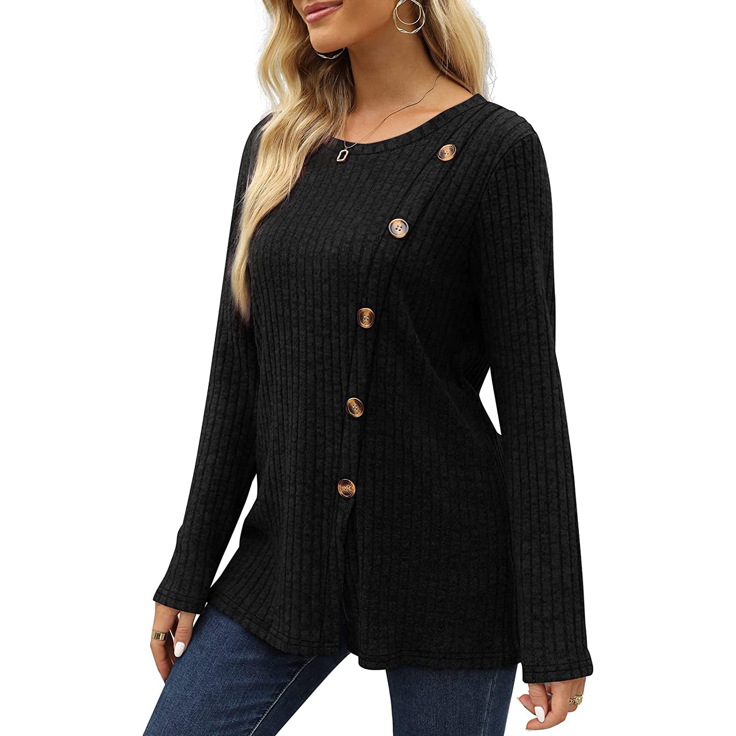 Women's Long Sleeve Crew Neck Tunic Tops Buttons Side Outlet Amazon