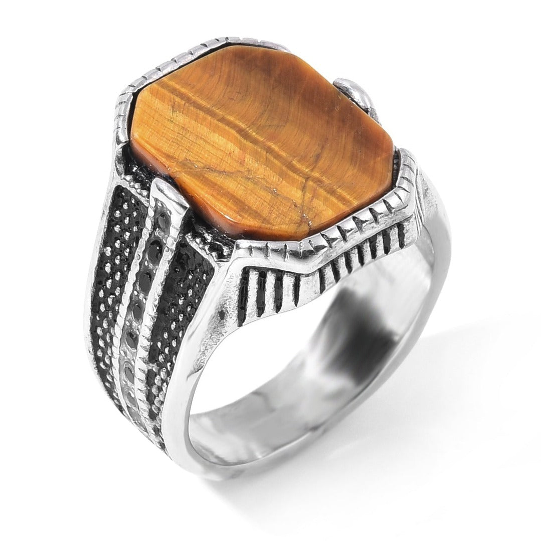 Men's Stainless Steel Genuine Tiger Eye Stone Silver Ring Low Pice Fee Shipping Cheap Online