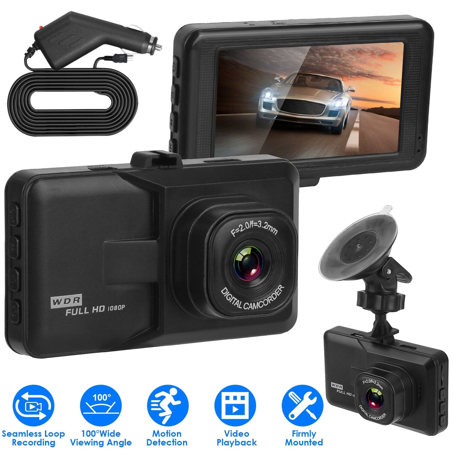 1080P Car DVR 3 Camera Dash Cam with 100° Angle Loop Recording Motion Detection Free Shipping Fashionable