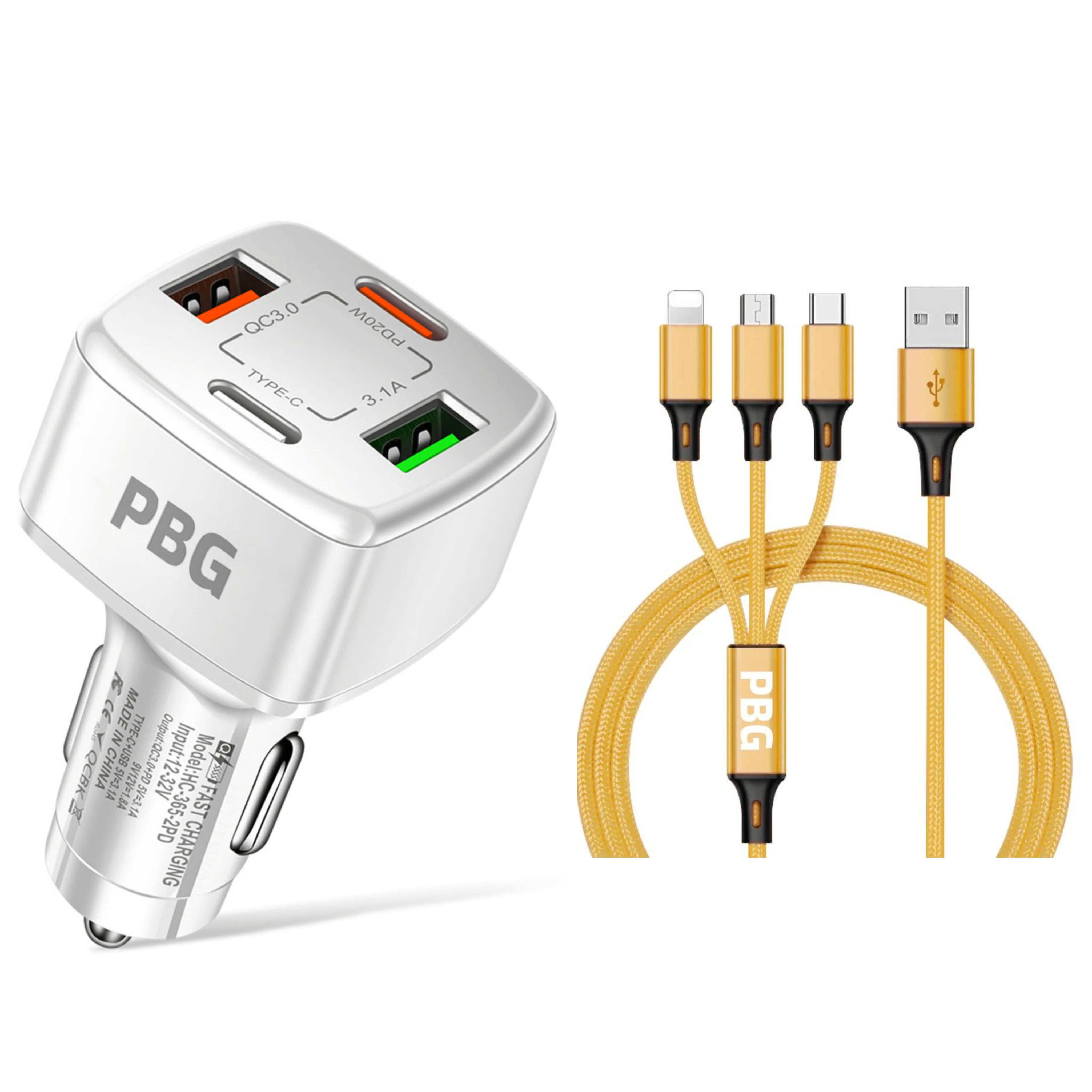 PBG 4 Port Car Charger and 4FT - 3 in 1 Nylon Cable Combo Fast Delivery Online