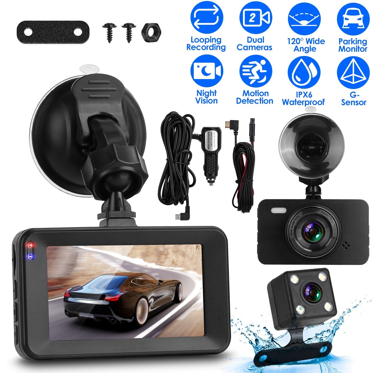 1080P Dual Dash Cam 3 Screen with Front and Rear Camera G-Sensor Motion Night Vision Loop Recording 2025 New For Sale