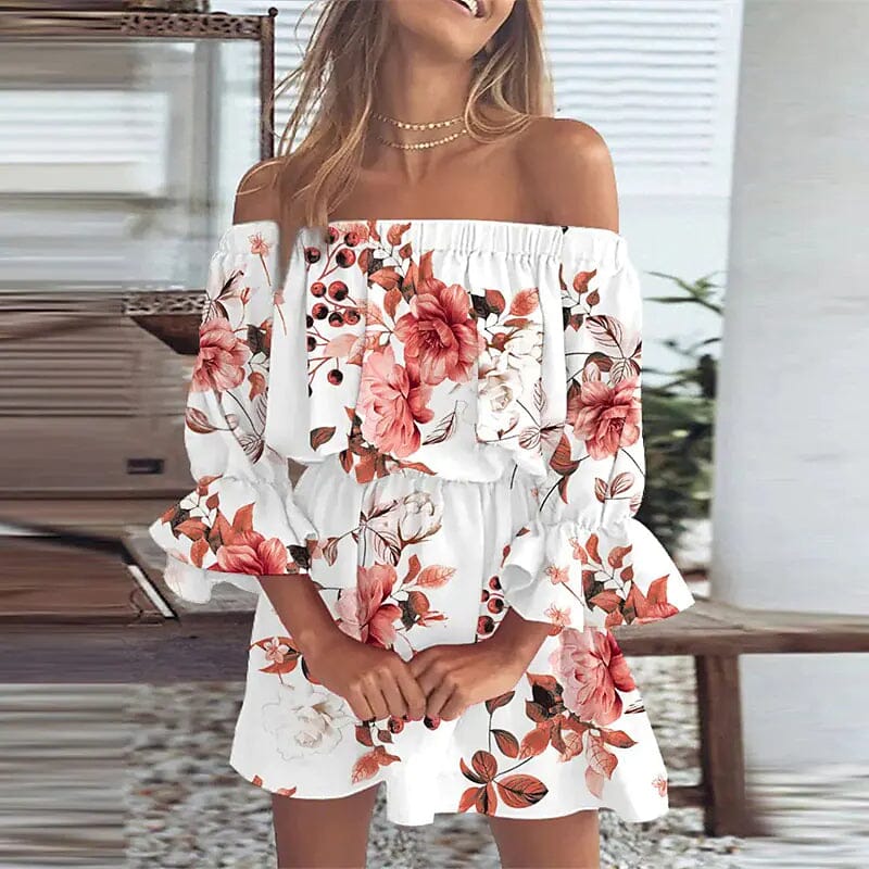 Women's 3/4 Length Sleeve Floral Ruffle Summer Spring Off Shoulder Dress Cheap Brand New Unisex