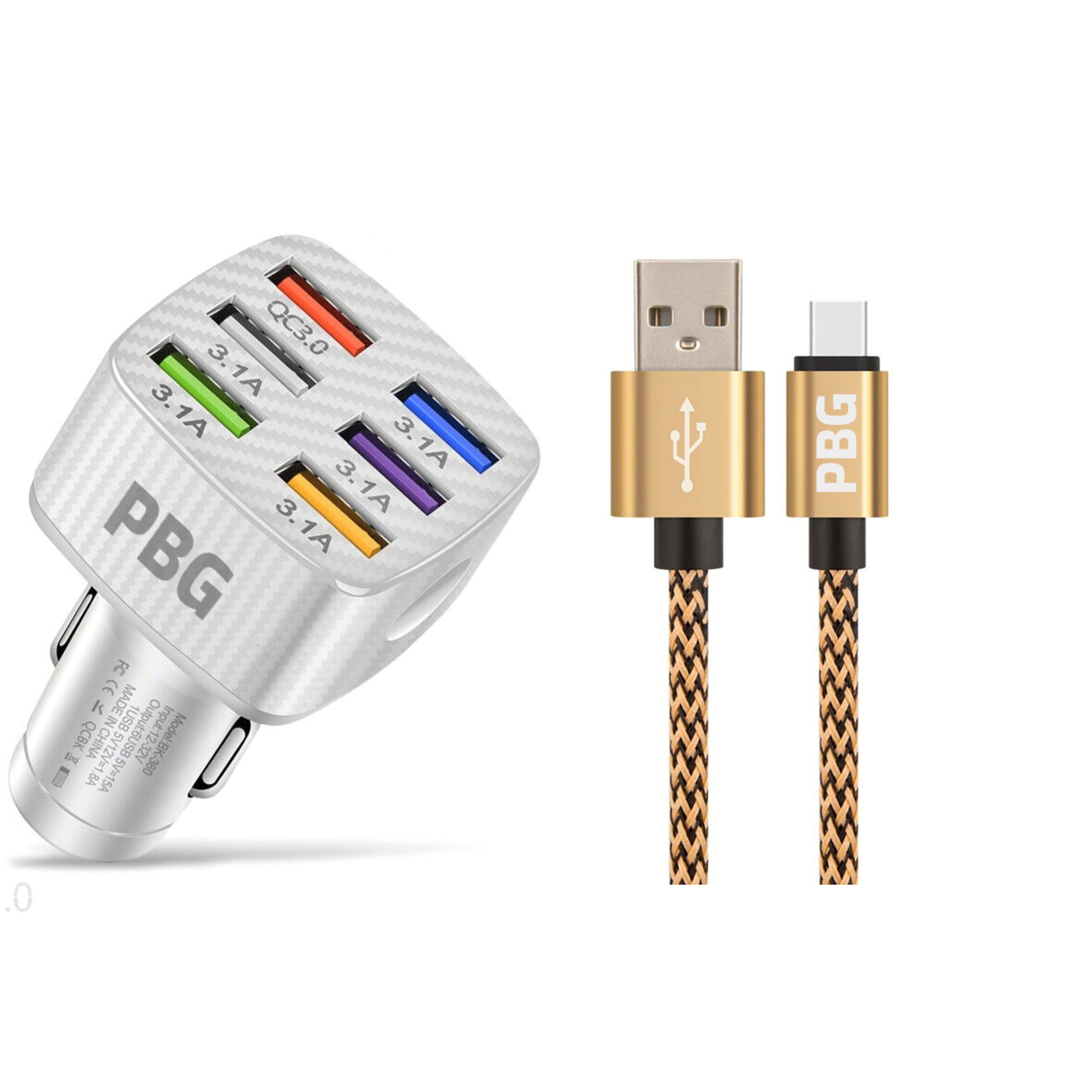 PBG LED 6-Port Car Charger and 10FT XL Zebra Lightning Cable Combo Low Pice Fee Shipping