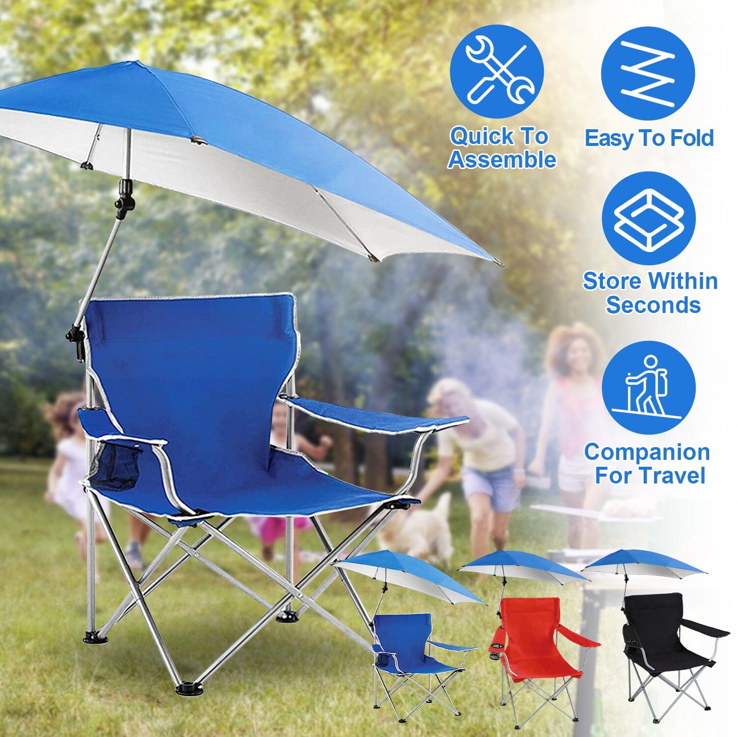 Foldable Beach Chair with Detachable Armrest Adjustable Canopy Stool with Cup Holder Tumblr