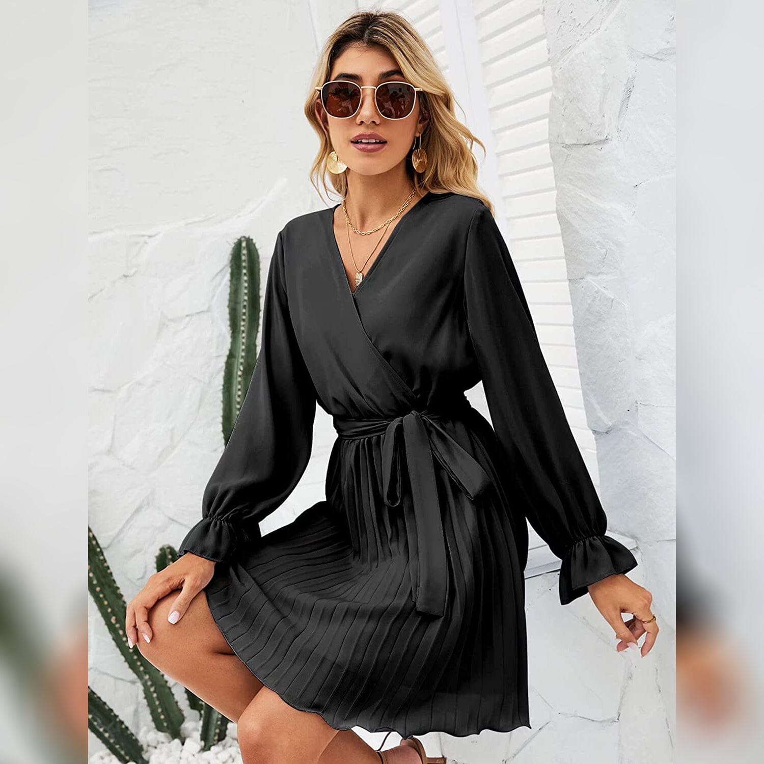 Womens Wrap V Neck Pleated Long Sleeve Mini Dresses Buy Cheap For Nice