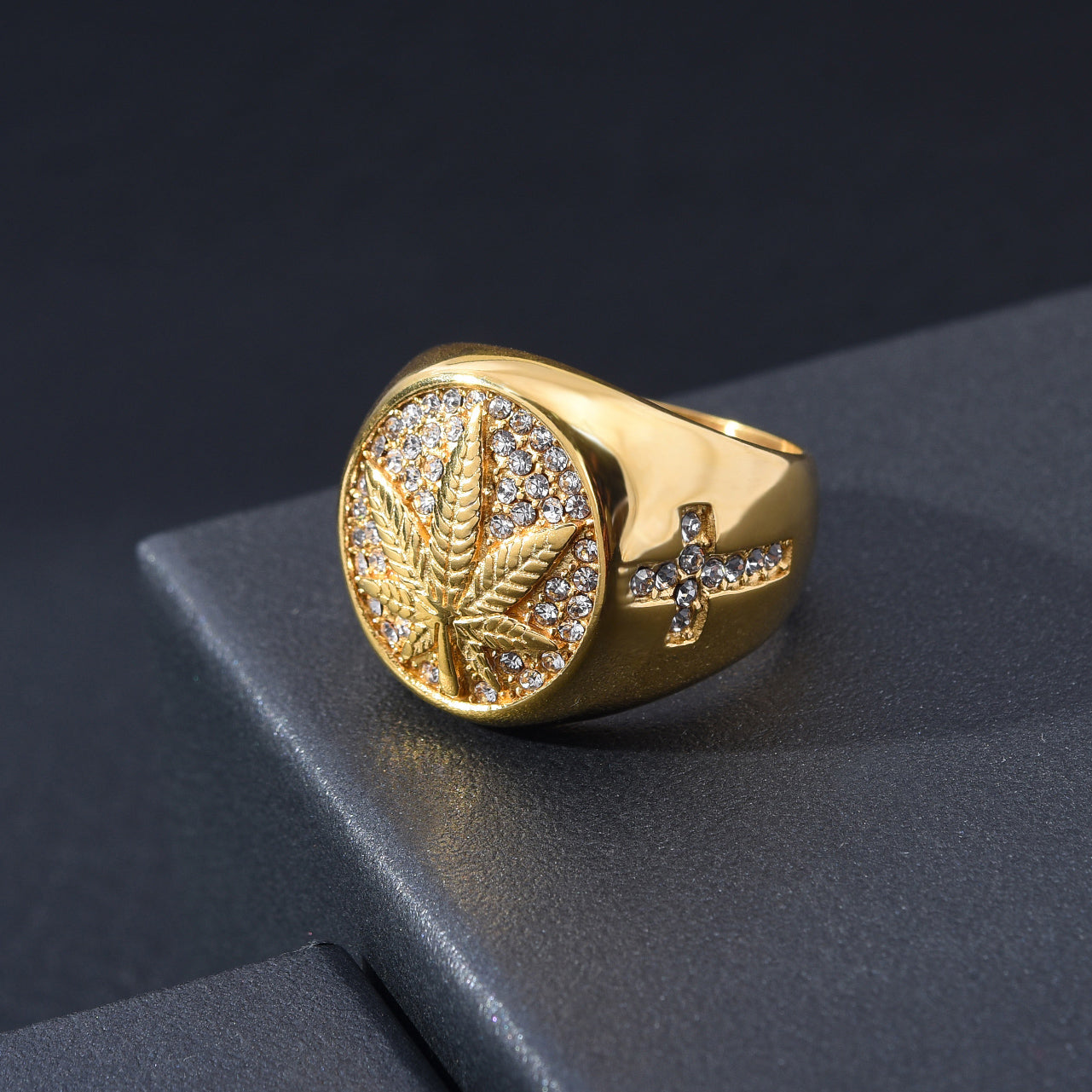 Stainless Steel Marijuana Leaf Cannabis Pot Cross Crystal Men's Ring Discount Ebay