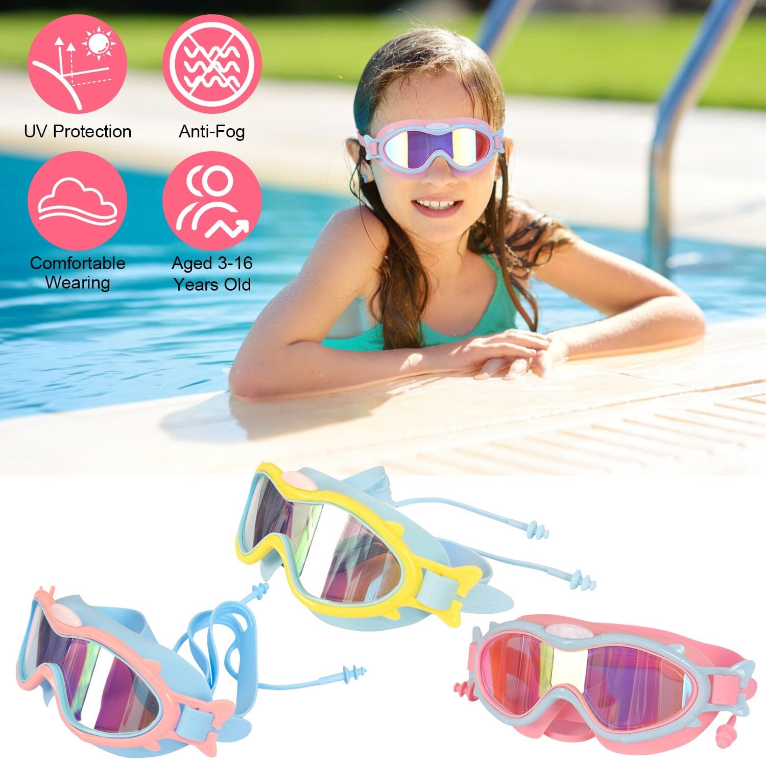 Kids Swim Goggles with Ear Plugs UV Protection Anti-Fog Leak Proof Outlet Affordable