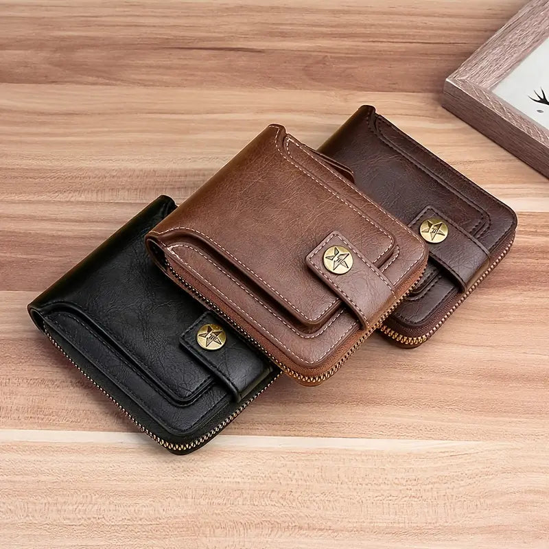 Men's PU Leather Solid Color Business Wallet, Card Holder With Zipper & Button Quality Free Shipping