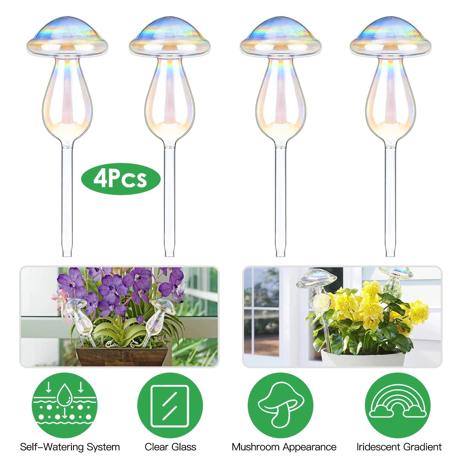 4-Pieces: Clear Glass Plant Watering Globes Iridescent Rainbow Gradient Mushroom Supply Sale Online