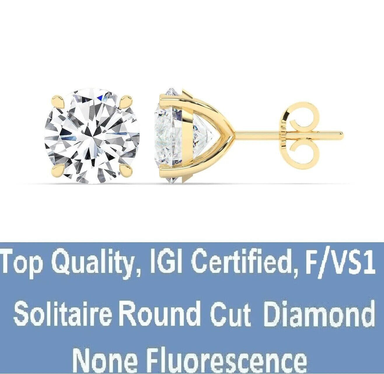 IGI,F/VS1 ,2 CT Solitaire Lab-Grown Round Diamond Studs Earring, 18K Yellow Gold Free Shipping Top Quality