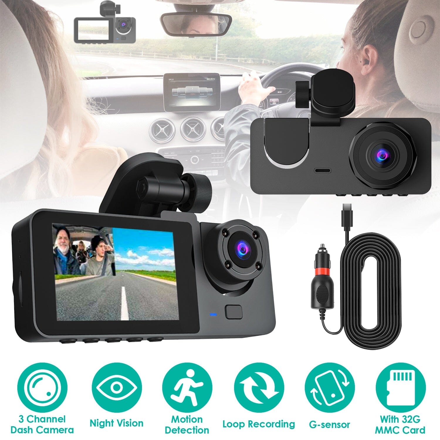 3 Channel Dash Cam Front Inside Rear Vehicle Driving Recorder Car DVR For Sale Online