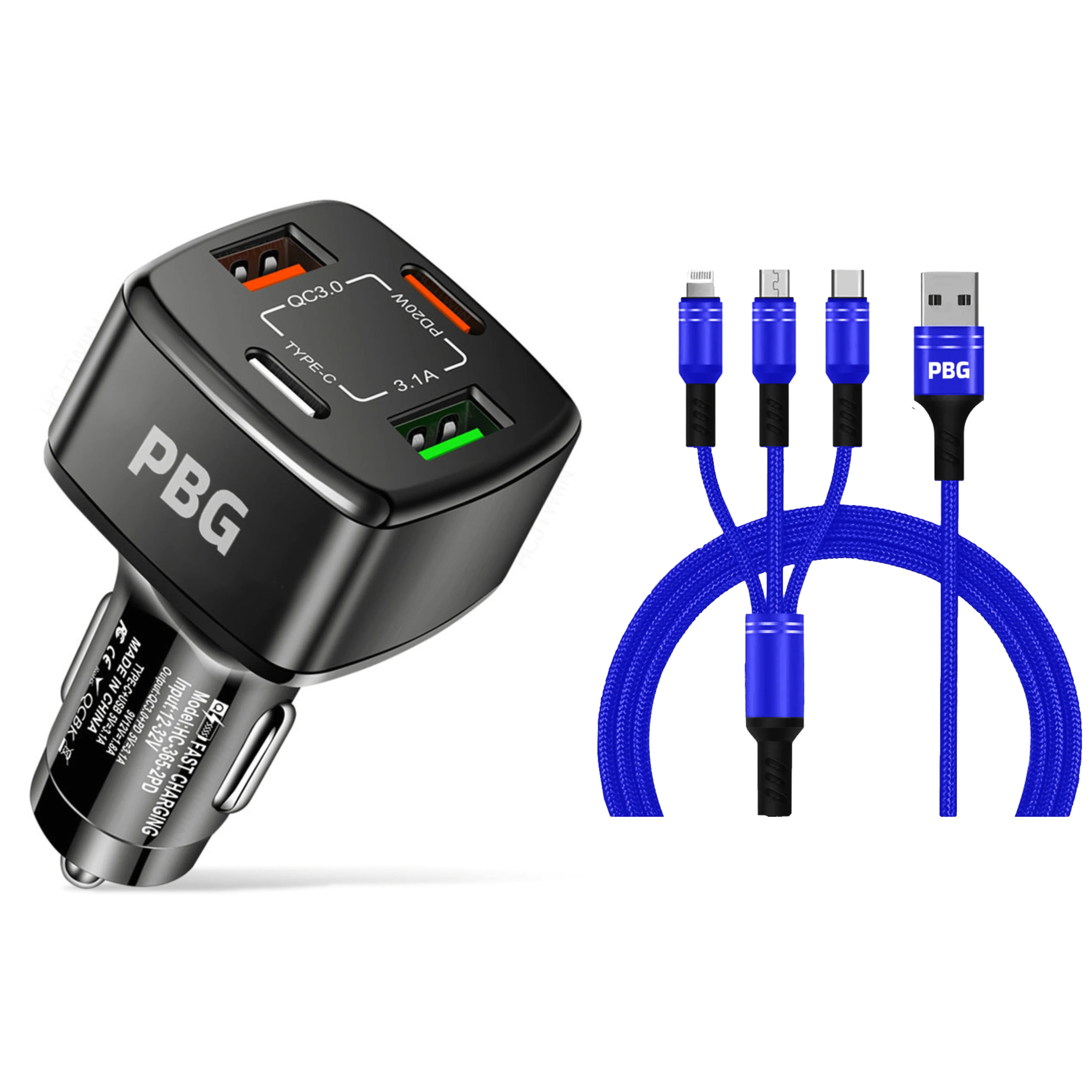 PBG Black 4 Port Car Charger and 4FT - 3 in 1 Nylon Cable Combo Explore Online