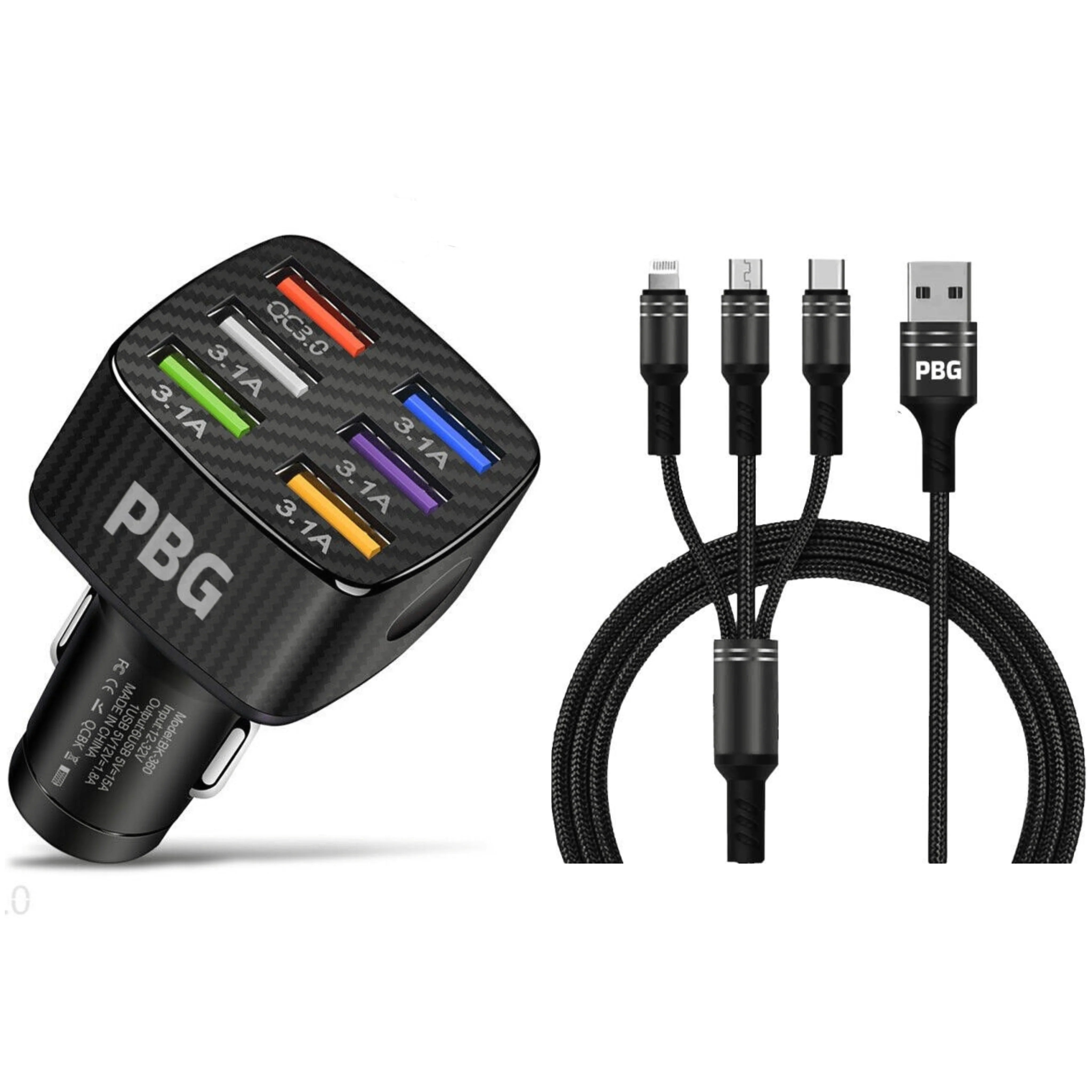 PBG Black LED 6 Port Car Charger and 4FT- 3 In 1 Cable Combo Buy Cheap 2025