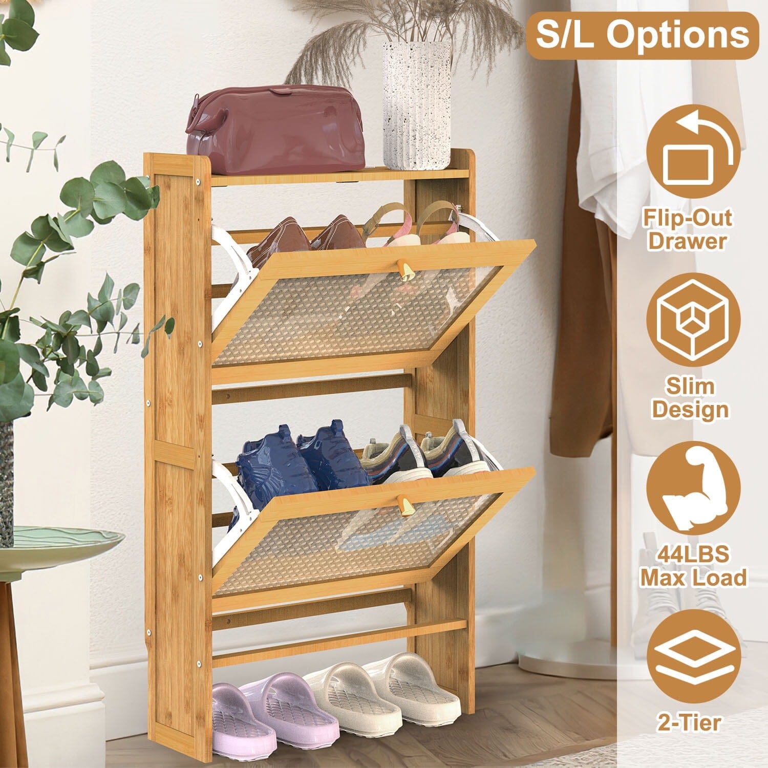 2-Tier Shoe Cabinet with 2 Flip Drawers Slim Bamboo Rack Narrow Shoe Organizer Largest Supplier For Sale