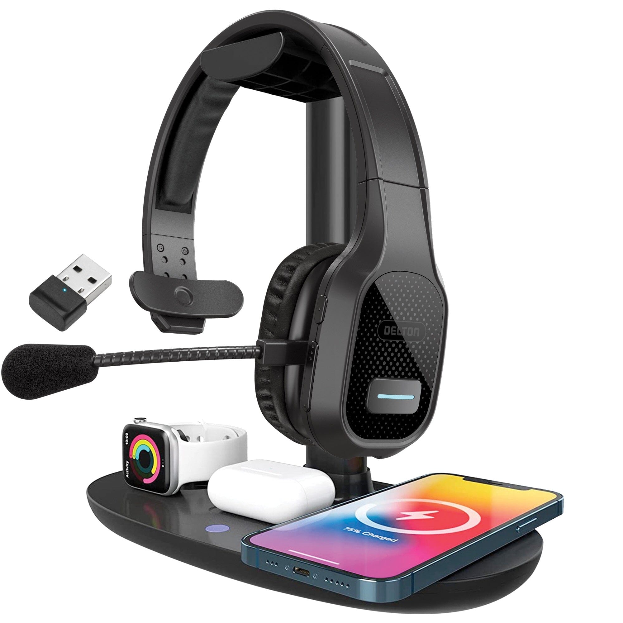 Delton 20X Bluetooth Headset & 3 in 1 Wireless Charging Station with Headset Holder Get To Buy For Sale