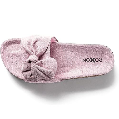 Roxoni Women Comfort Sandals Ribbon Bow Top EVA Flat Slides Footbed Suede with Arch Support Non-Slip Cheap Discount Sale