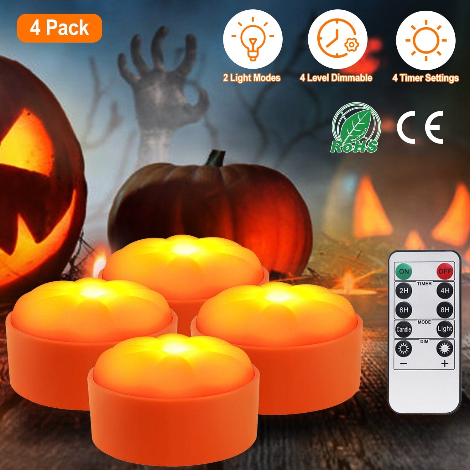 4-Pack: Halloween LED Pumpkin Lights Battery Operated with 2 Light Modes 4 Timer Setting Visa Payment