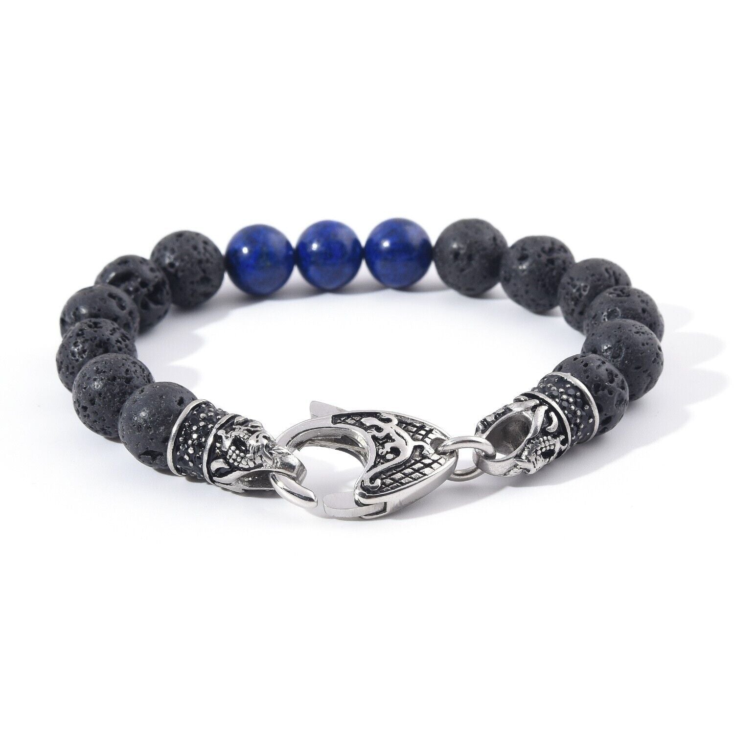 Genuine Black Lava Volcanic Lapis Stainless Steel Beaded Bracelet Popular Cheap Online