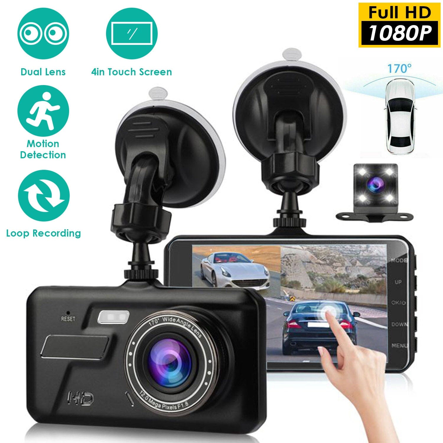 1080P 4-Inch Touch Screen Dual Dash Cam Free Shipping Supply