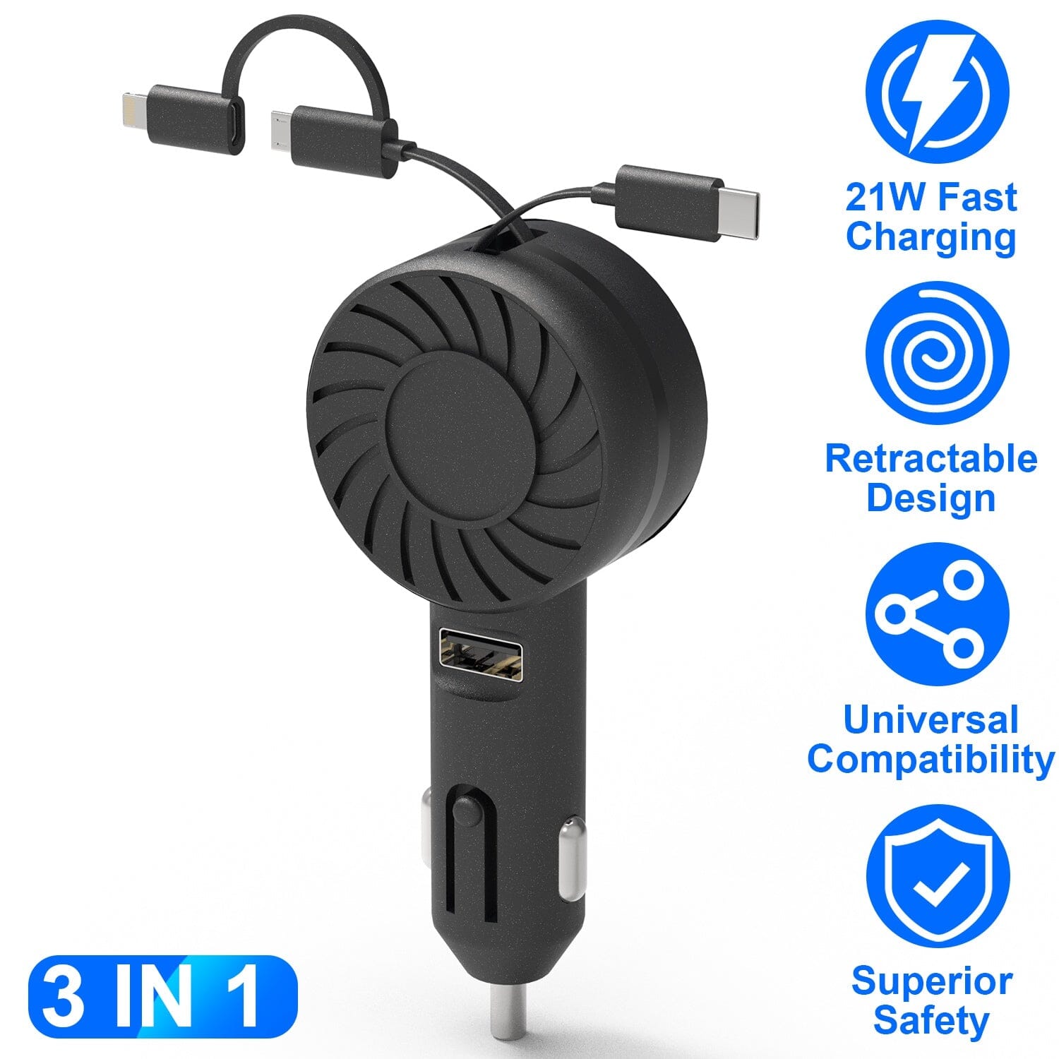 21W 3-in-1 Retractable Car Phone Charger Cheap Pices Authentic