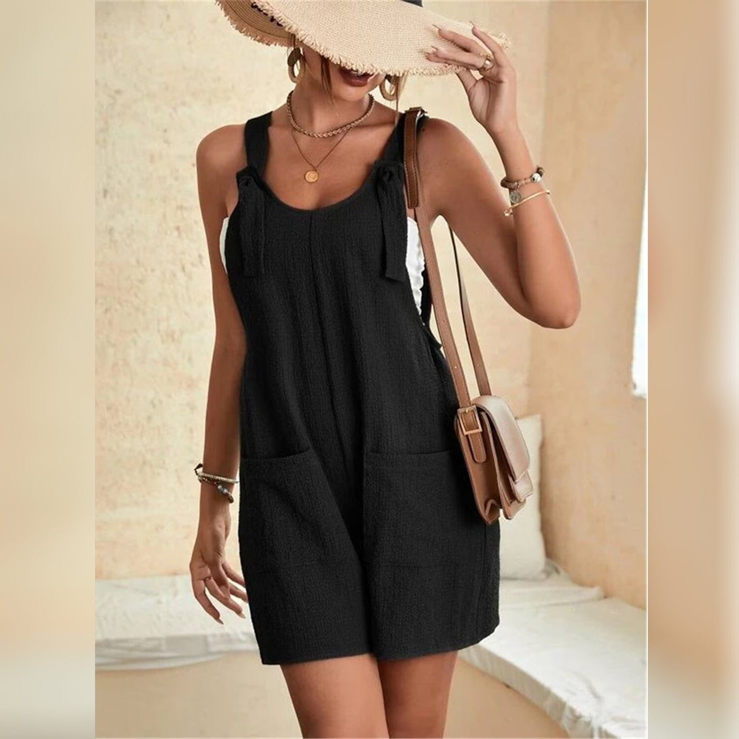 Women's U-Neck Strap Pocket Jumpsuit Solid Color Buy Cheap With Mastercard