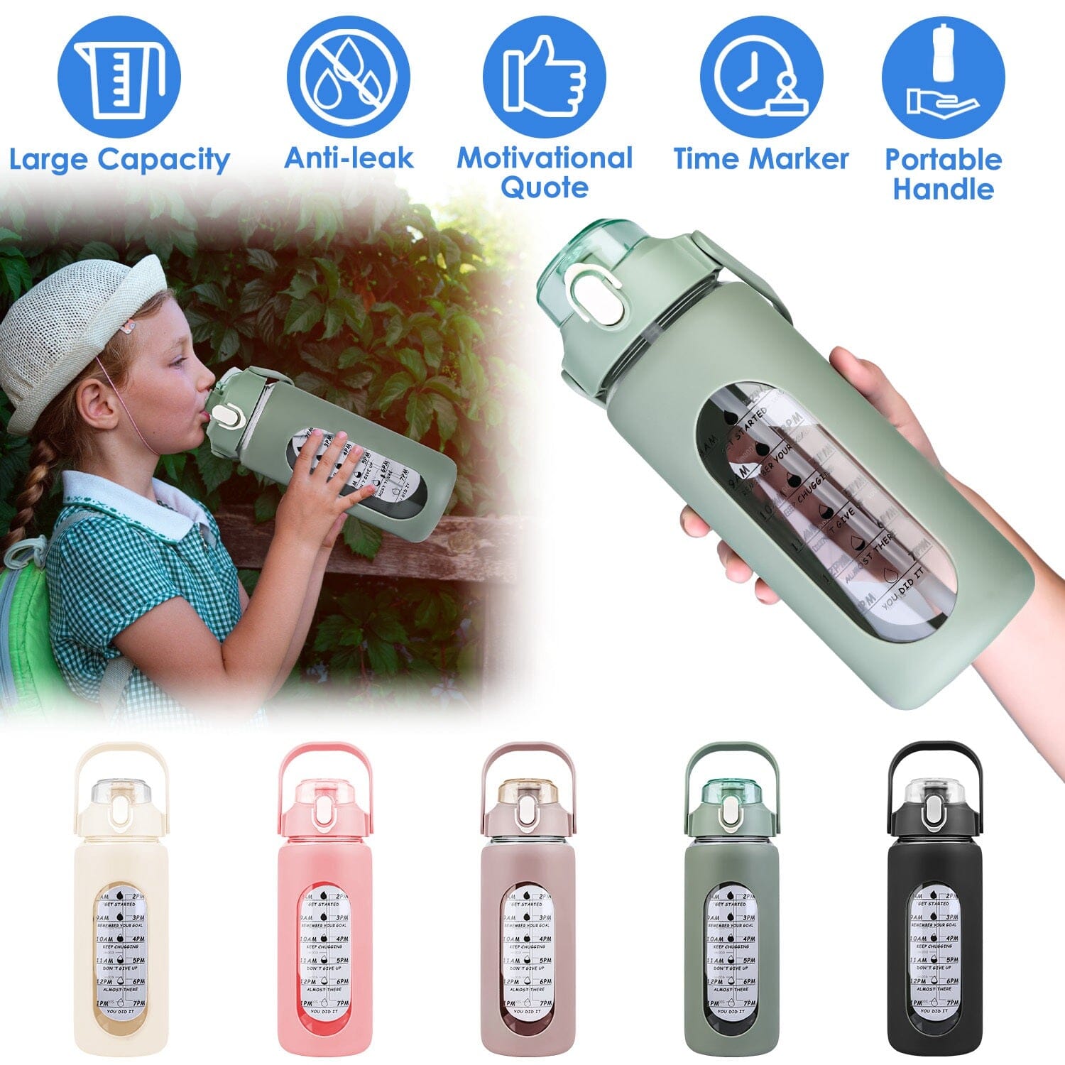 Motivational Water Bottle Intake Tracker with Straw Time Marker Silicone Sleeve Handle Outlet Sast