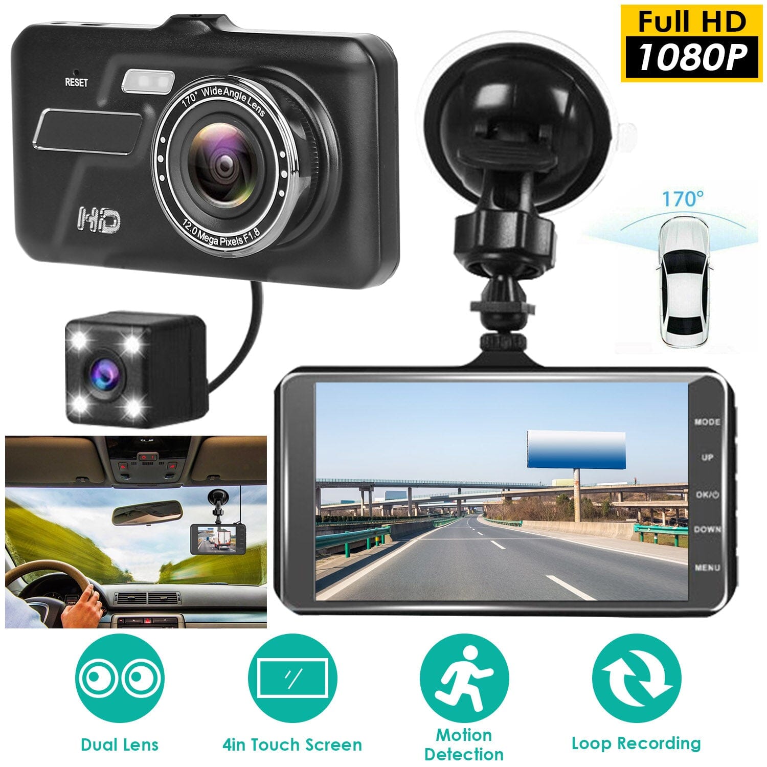 1080P 4-Inch Touch Screen Dual Dash Cam Free Shipping Supply