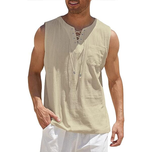 Men's Cotton Linen Tank Top Shirts Casual Sleeveless Lace Up Beach Hippie Tops Bohemian Renaissance Pirate Tunic Get To Buy For Sale