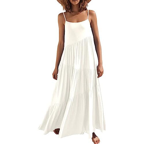 Women's Summer Casual Loose Sleeveless Spaghetti Strap Asymmetric Tiered Beach Maxi Long Dress Sale Hot Sale