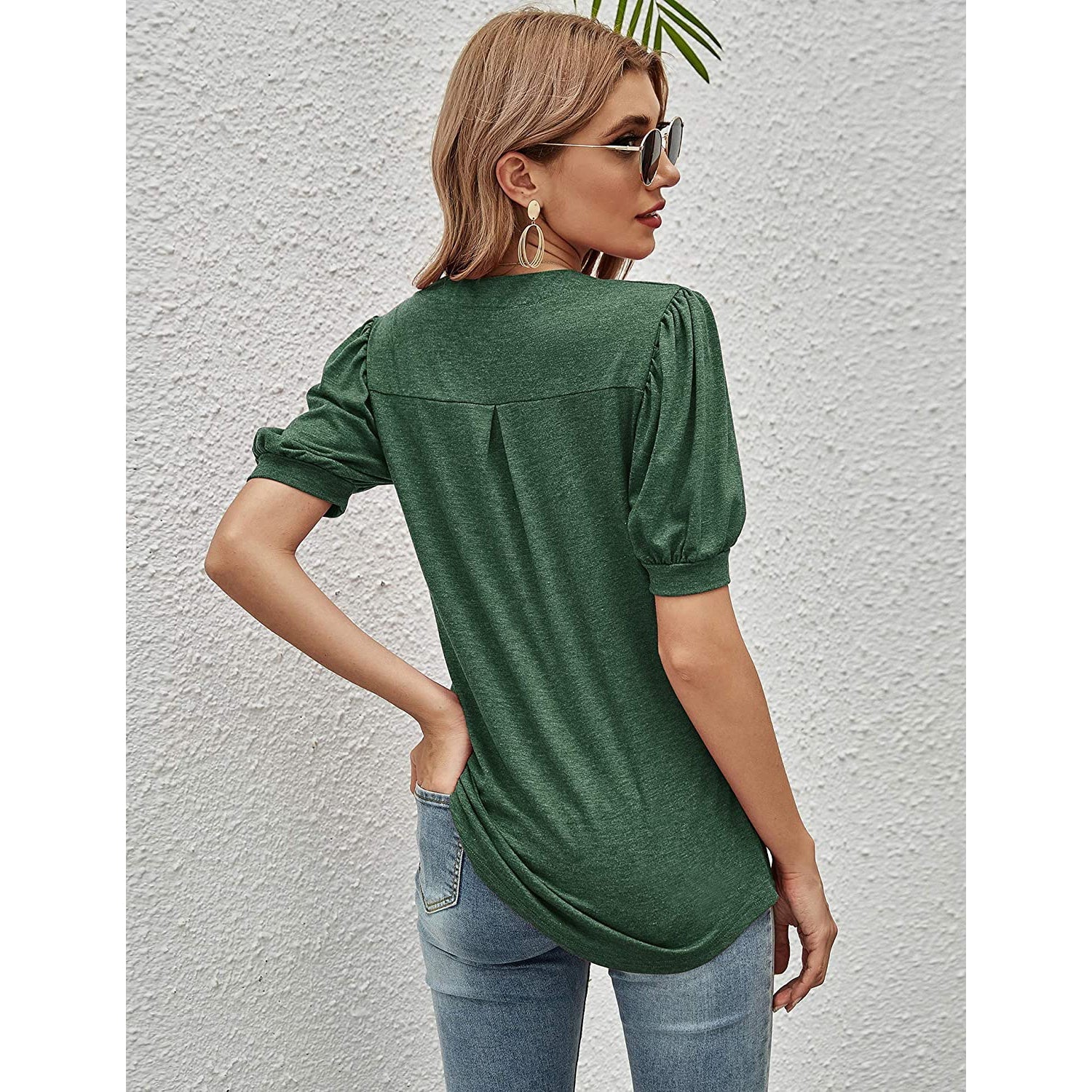 Romanstii Women Casual V-neck T-Shirts Loose Puff Short Free Shipping Cheap Online