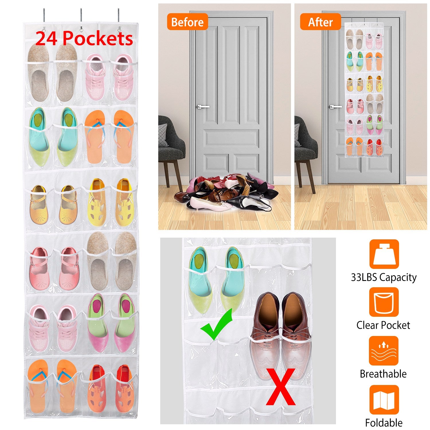 24-Pocket: Over the Door Shoes Rack Crystal Clear Organizer Top Quality Sale Online