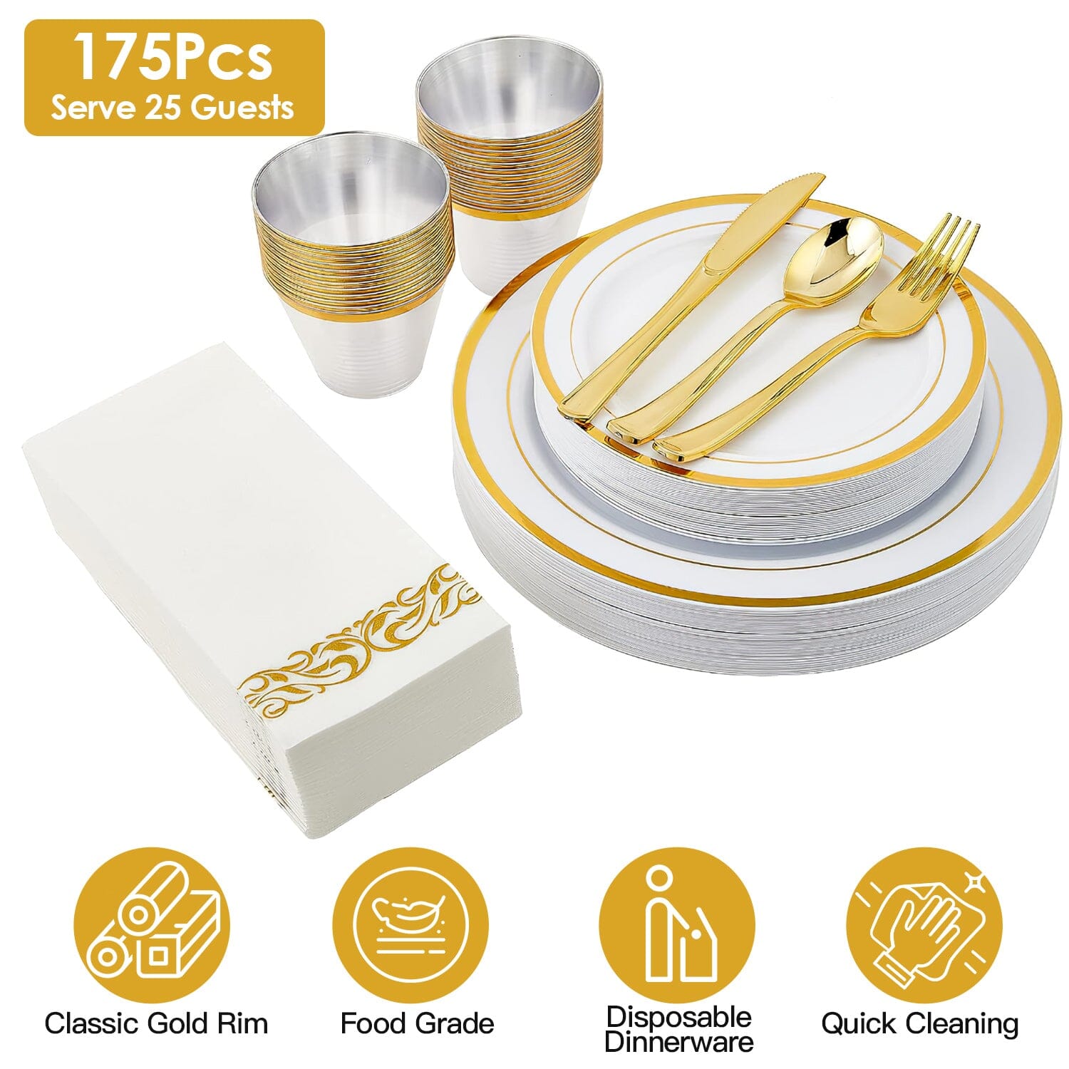 175-Pieces: Disposable Gold Dinnerware Set Low Shipping Fee Online