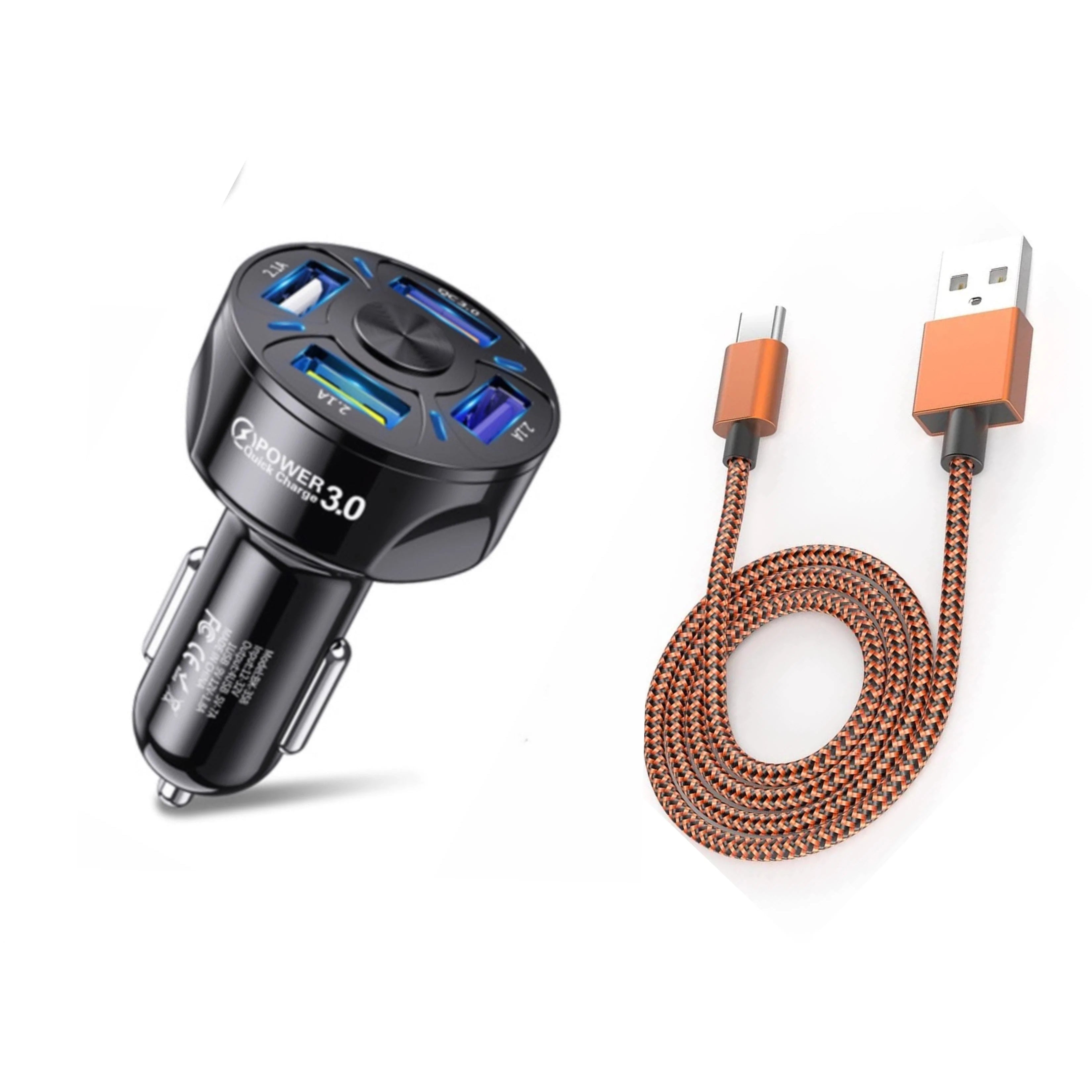 PBG 4 Port LED Car Charger and 10FT Orange Nylon Cable Combo Pick A Best Sale Online
