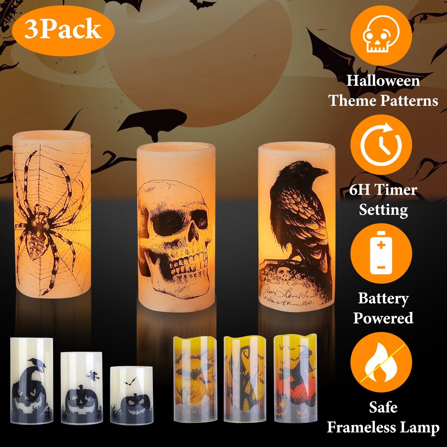 3-Pack: Halloween Battery Operated Flameless Candle Lamp with Timer Setting Sale Explore