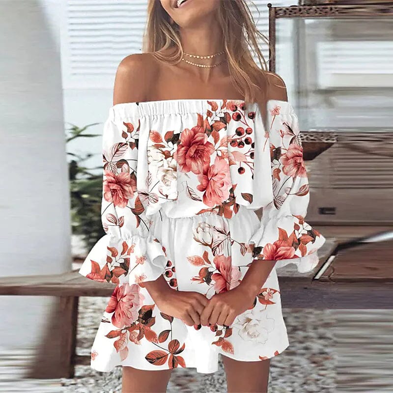 Women's 3/4 Length Sleeve Floral Ruffle Summer Spring Off Shoulder Dress Cheap Brand New Unisex