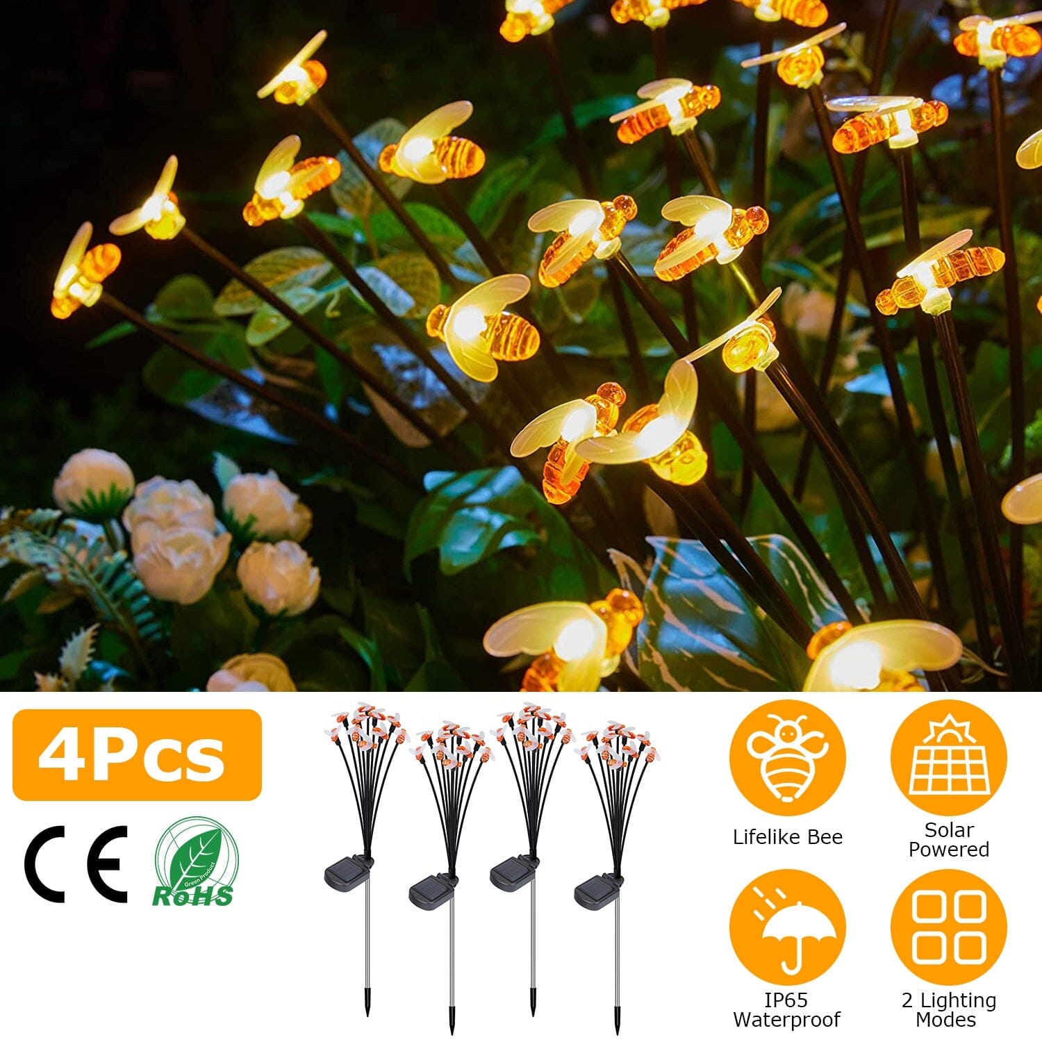 4-Pack: Solar Powered Stake Bee Light 2 Lighting Mode Lifelike Firefly Genuine For Sale