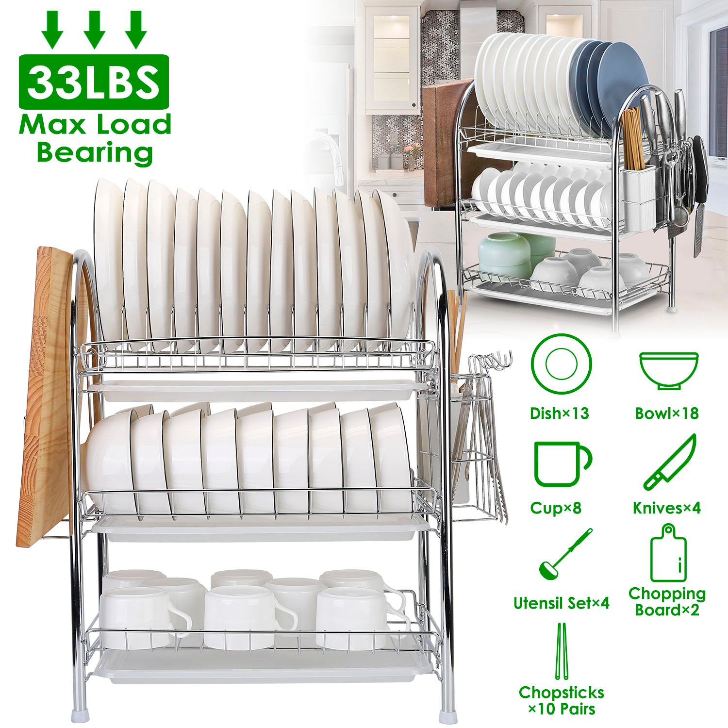 3-Tier Dish Drying Rack Shelf with 3 Drain Trays Chopping Board For Cheap Sale Online