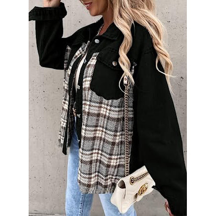 Women's Denim Jacket Long Sleeve Plaid Button Down Shirts Shacket Discount Pices