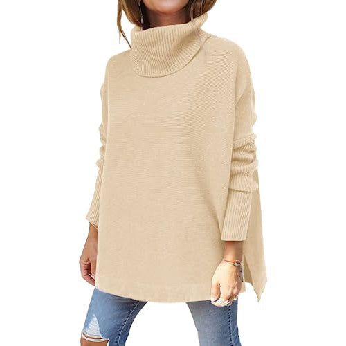 Women's Turtleneck Oversized Sweaters Long Batwing Sleeve Spilt Hem Tunic Free Shipping Low Cost