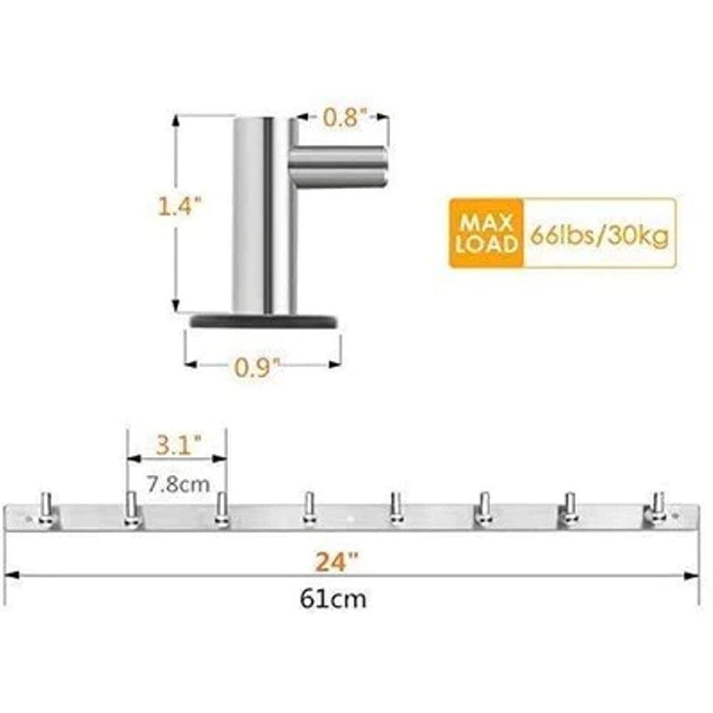 Stainless Steel 24 Wall Mounted Rack with 8 Hooks - Silver Outlet 2025 New