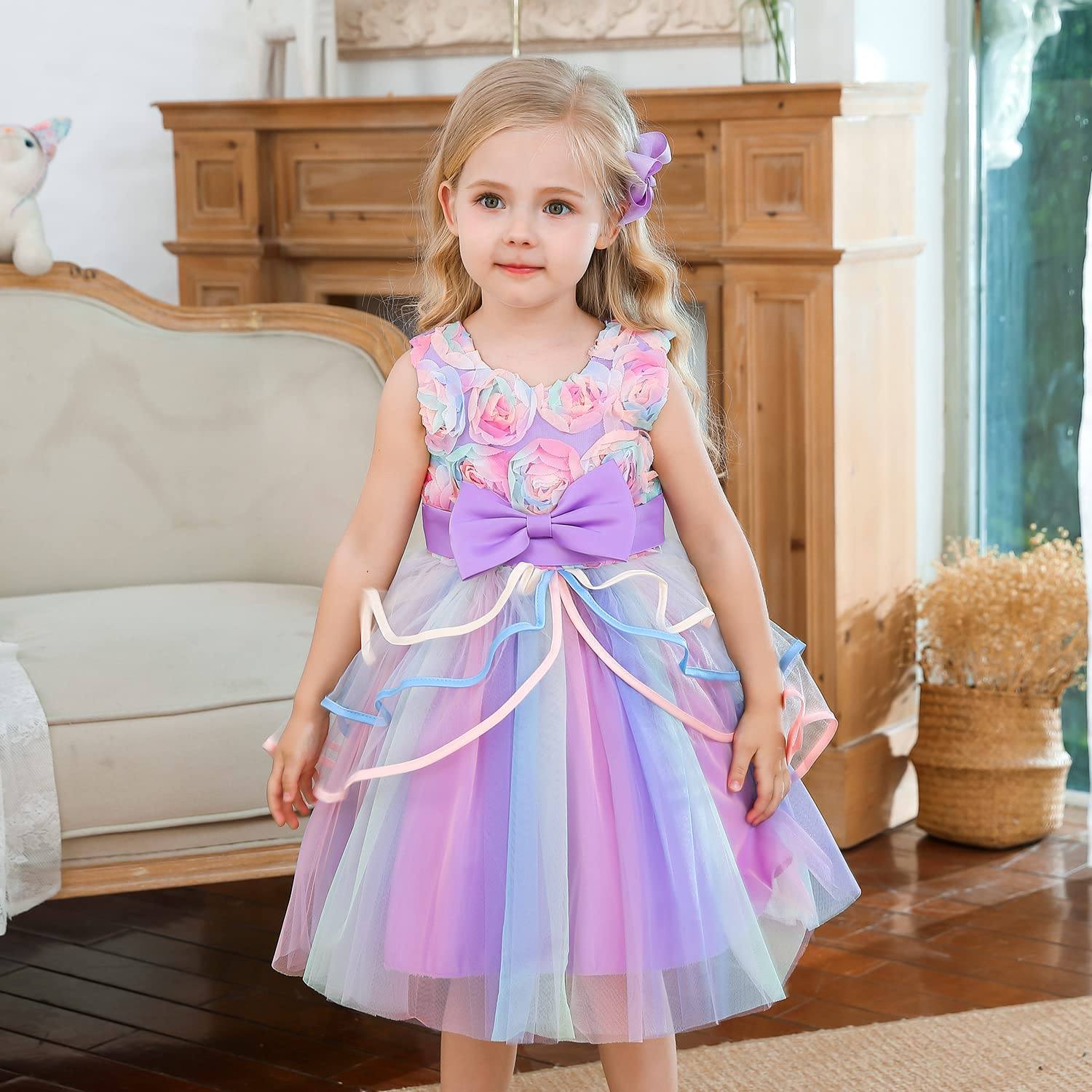 Girl's Rainbow Tulle Lace Dress Discount Best